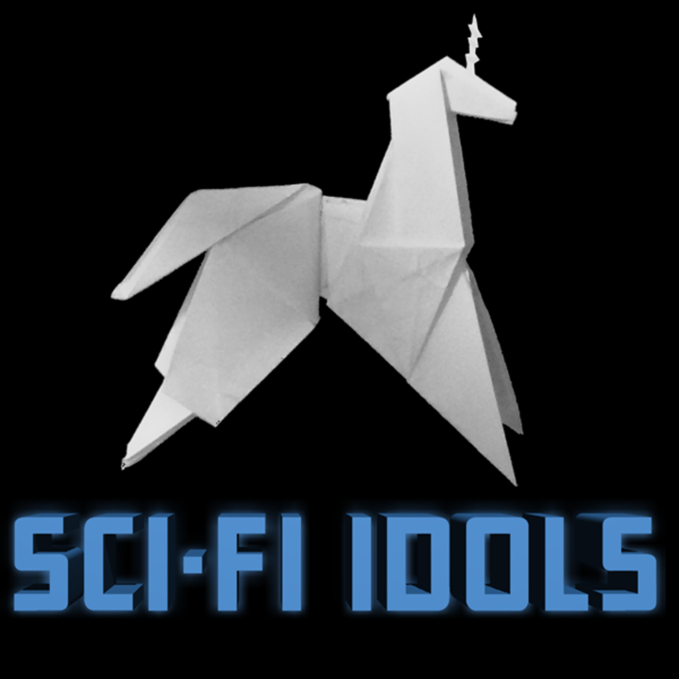 Sci-Fi Idols logo. An origami unicorn followed by the name  in a blue block fonr.